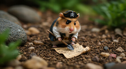 Obraz premium A Tiny Hamster Dressed As A Pirate Searches For Treasure