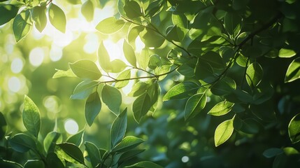 Obraz premium Sunlit Foliage Serenity: A verdant canopy of leaves basks in the warm glow of sunlight, creating a serene and vibrant atmosphere of renewal and growth.