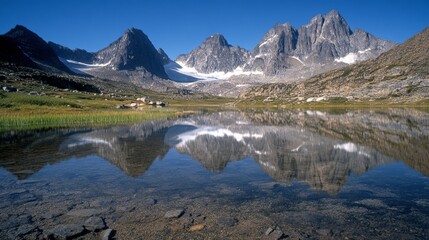 Majestic mountains reflected perfectly in a tranquil lake under a clear blue sky, evoking serene natural beauty.