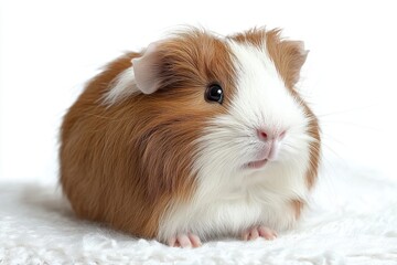 Photorealistic Fluffy Guinea Pig Portrait with Long Brown and White Fur Isolated on White Background