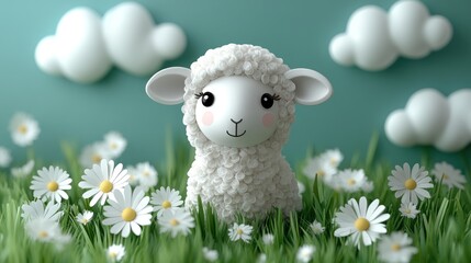 A Charming Lamb Amidst Daisies: A Whimsical Springtime Illustration