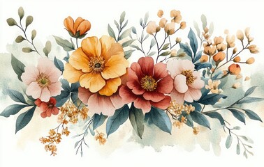 Vintage Watercolor Floral Illustration with Orange Red Yellow Pink Flowers and Green Leaves for Wedding Stationery Backgrounds