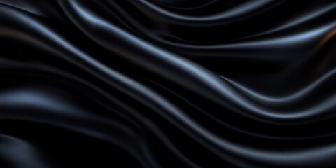 Hyperrealistic Black Satin Fabric with Glossy Sheen and Deep Folds Background with Copy Space