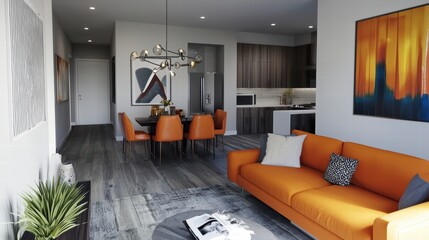 Modern Interior Living: A luxurious, sunlit living room in a modern, high-end apartment, showcasing tasteful interior design. 