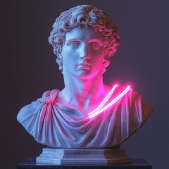 Neon Illuminated Marble Bust of David's Head on Blue Background