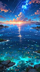 Celestial Sunset Seascape anime background