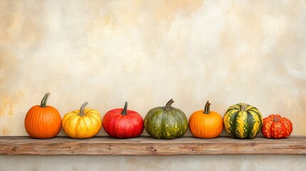 Colorful Assortment of Pumpkins and Gourds on Wooden Shelf Against Neutral Background for Autumn Decor