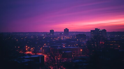 Fototapeta premium Vibrant purple sunset over a city skyline at night.