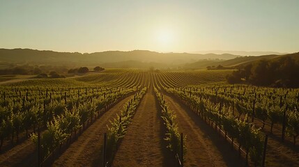 Sunlit vineyard rows at sunset, scenic landscape.