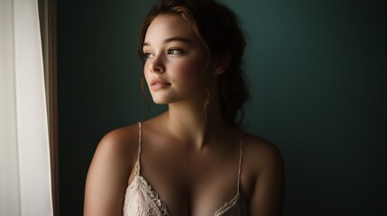 dreamy young woman in summer dress gazing out of window with pastel teal background and soft natural light
