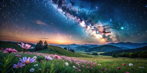 A serene and peaceful night scene with blooming flowers under a starry sky, surrounded by rolling hills and lush greenery