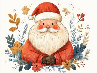 Cute Santa Claus Illustration in Scandinavian Folk Art Style with Warm Pastel Colors and Botanical Elements