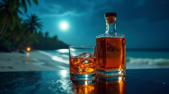 A rocks glass filled with arrack sits beside a minimalist bottle amidst a serene Sri Lankan coastal backdrop under a moonlit sky.