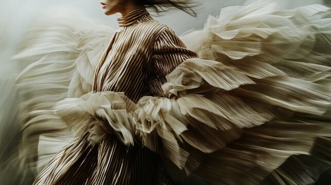 A dynamic figure in flowing, pleated attire conveys movement and grace with artistic flair.