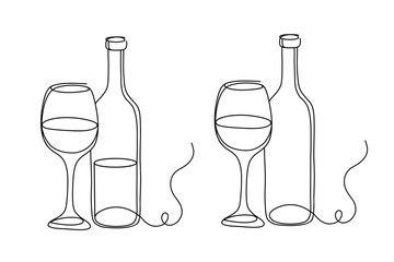 Wine Bottle and Glass Continuous Single Line Drawing Minimalist Vector Illustration