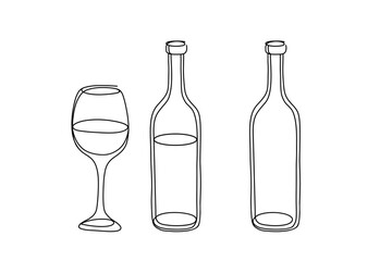 Wine Bottle and Glass Set Continuous Single Line Drawing Minimalist Vector Illustration