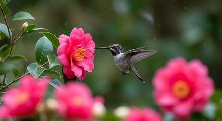 Fototapeta premium A hummingbird sipping nectar from a bright pink flower in a lush spring garden