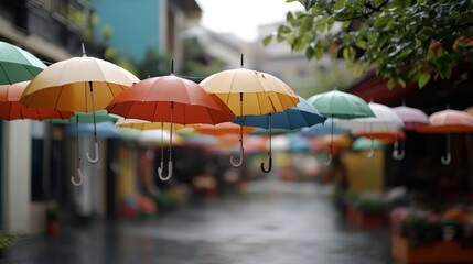 A whimsical display of colorful umbrellas magically suspended, brightening a rainy street and lifting spirits in a charming urban setting.