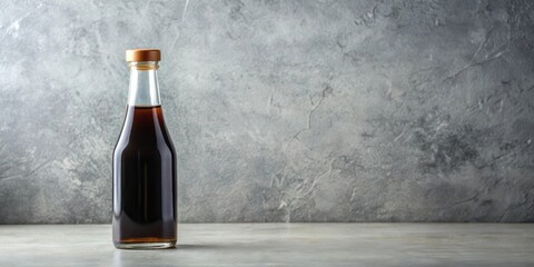 Minimalist glass soy sauce bottle on a light gray background with subtle texture , soy sauce