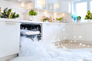 Overflowing dishwasher spills sudsy water onto the clean, white kitchen floor