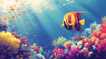 Obraz premium Vibrant coral reef with colorful fish swimming in sunlight