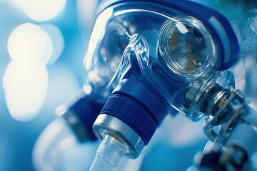 A close-up of a medical breathing apparatus, showcasing its intricate design and functionality, with a blue-toned color scheme, representing healthcare technology.