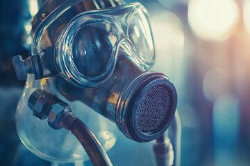 Steampunk-inspired respirator mask with goggles, featuring intricate details and a vintage aesthetic, against a softly blurred backdrop, evokes industrial era imagination.