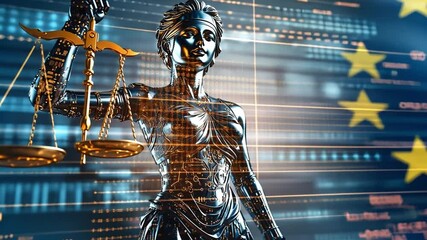 Modern representation of justice with AI technology against a background of European Union symbols