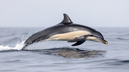 Fototapeta premium A dolphin leaps joyfully from the sparkling ocean, embodying freedom, playfulness, and the boundless energy of marine life.