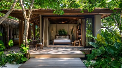 Fototapeta premium Serene Sanctuary: A tranquil tropical retreat nestled within lush foliage, offering a peaceful haven.