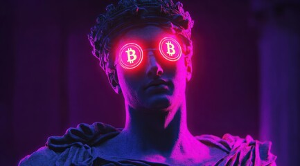 Digital Crypto Apollo Statue with Glowing Eyes and Neon Crown in Modern Cyberpunk Art Style