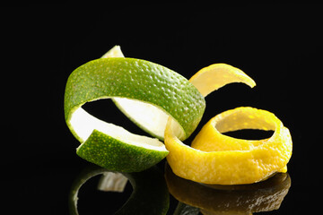 Lemon and lime peels on black glass surface, closeup