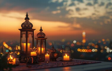Fototapeta premium A warm and inviting Ramadan sunset scene with softly flickering lanterns, golden candlelight, and a stunning cityscape