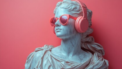 Gypsum Bust of David Wearing Sunglasses and Earphones on Pink Background