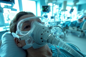 A patient in a hospital bed, connected to a ventilator with a face mask and goggles, receiving medical care in an intensive care unit, suggesting respiratory illness.