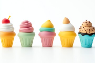 Colorful Cupcake Collection Lineup on White Background Cute Dessert Treats
