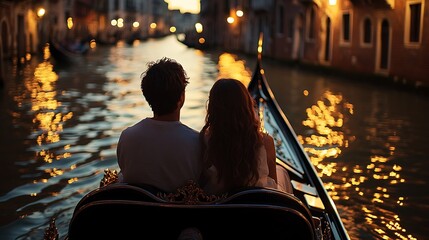 Romantic couple on a gondola ride in Venice at sunset.