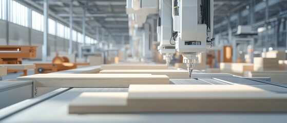 Automated furniture factory using AIguided CNC machining for smart home assembly, futuristic woodworking innovation