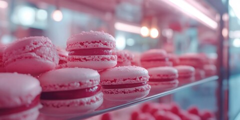 A delectable selection of pink macarons arranged in a visually appealing display case.