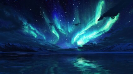 Stunning aurora borealis over a serene, icy landscape