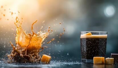 Refreshing Splashes of Dark Beverage with Ice Cubes and Sugar Cubes Captured in Vibrant Natural Light
