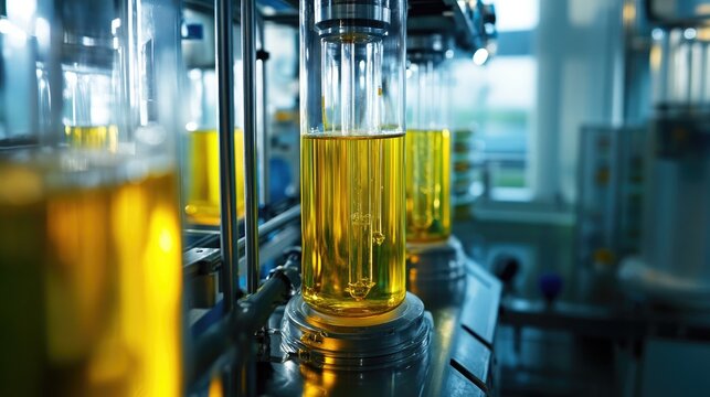 Precision manufacturing, transparent cylinders filled with golden liquid analysis