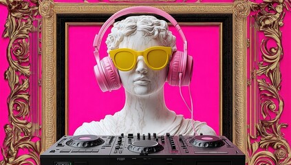 Apollo statue with headphones and sunglasses on pink background art collage design