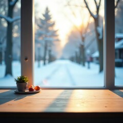 Fototapeta premium Clean tabletop, winter landscape viewed through a blurry window, table, window