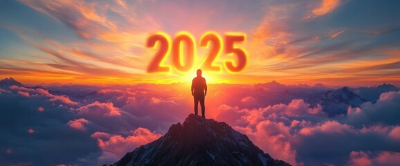 Silhouette businessman celebrating with arms raised at mountain peak with 2025 during sunset sky and vibrant clouds