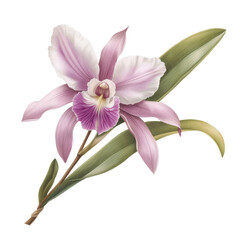 Obraz premium Orchid's Elegant Embrace: A close-up illustration of a delicate orchid blossom, showcasing its intricate petals, vibrant colors, and graceful stem and leaves.