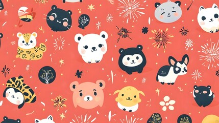 Adorable Zodiac Animals and Festive Symbols on Pastel Red Chinese New Year Background