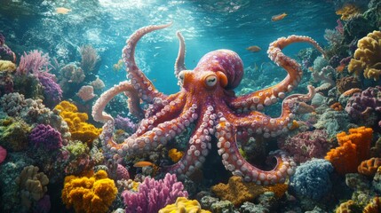 Obraz premium Vibrant Octopus in a Colorful Coral Reef