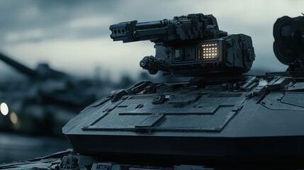 Detailed Close-Up of a Modern Military Tank Turret with Advanced Targeting System in Dramatic Lighting