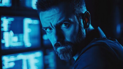 Concentrated Observer: A focused individual, eyes narrowed in intense scrutiny, observes intricate data streams on multiple monitors, bathed in the cool glow of the tech environment.